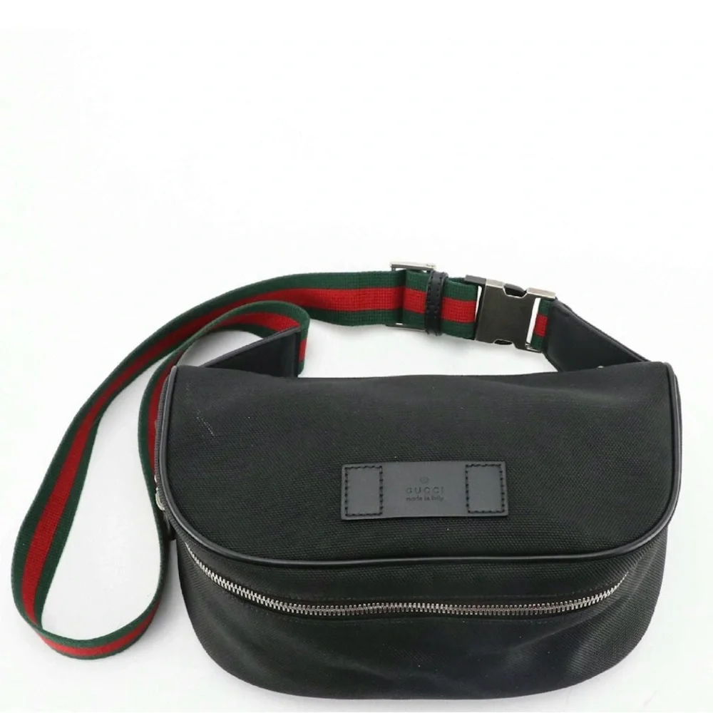 Gucci Black Techno Canvas Web Strap Belt Bag with Leather Trim